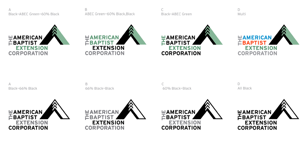 Branding by Ellen Shapiro for American Baptist Extension Corporation includes logo palette for various uses